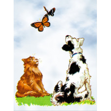 O018 Кіт і пес ловлять метеликів. Orchidea. Канва з нанесеним малюнком