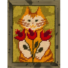 X2213 Кіт з тюльпанами. Bambini. Набір для вишивки пряжею по канві з малюнком гобеленовим стібком
