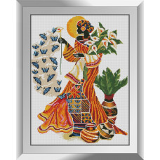 31846 Африканка з синіми метеликами. Dream Art. Набір алмазної мозаїки (квадратні, повна)