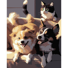 AH1190-17 Strateg Картина за номерами - Дві собаки і кіт 40x50 см (на чорному фоні, Стратег)