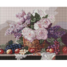 AMO20069 Ideyka Алмазна мозаїка - Кошик із квітами та фруктами, 40x50 см (круглі, на підрамнику AMO20069) ©art_selena_ua