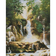 AMO7275 Пейзаж із водоспадом ©ArtAlekhina. Ideyka. Набір алмазної мозаїки на підрамнику (круглі, повна) (Ідейка АМО7275)
