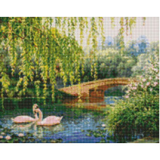 AMO7280 Лебеді на озері ©Сергій Лобач. Ideyka. Набір алмазної мозаїки на підрамнику (круглі, повна) (Ідейка АМО7280)