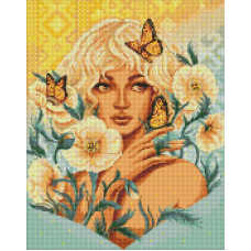 AMO7597 Дівчина з метеликами з голограмними стразами (АВ) ©pollypop92. Ideyka. Набір алмазної мозаїки на підрамнику (круглі, повна) (Ідейка АМО7597)