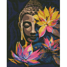 AMO7799 Будда з лотосами ©art_selena_ua. Ideyka. Набір алмазної мозаїки на підрамнику (круглі, повна) (Ідейка АМO-7799)