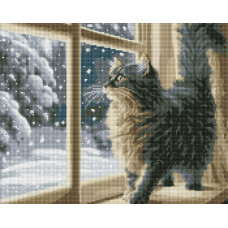 AMO7801 Снігопад за вікном з голограмними стразами (AB) ©art_selena_ua. Ideyka. Набір алмазної мозаїки на підрамнику (круглі, повна) (Ідейка АМО-7801)