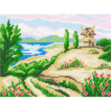 BH09 Чарівниця Набір для вишивки друкованим хрестиком - Пейзаж Млин у полі 18x24 см (схема на канві)