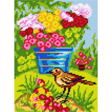 BH10 Чарівниця Набір для вишивки друкованим хрестиком - Птах у відра з квітами 18x24 см (схема на канві)
