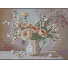 FZ3040-19 Strateg Алмазна мозаїка - Кремові квіти, 30x40 см (квадратні, на підрамнику, Стратег)