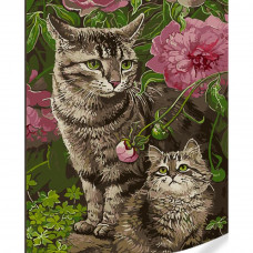 GS1596 Котики у квітах, на кольоровому полотні 40х50 см. Strateg. Картина за номерами (Стратег)