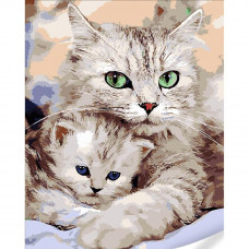 GS1603 Кішка та кошеня, на кольоровому полотні 40х50 см. Strateg. Картина за номерами (Стратег)