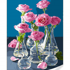 GS1629 Троянди у скляних вазах, на кольоровому полотні 40х50 см. Strateg. Картина за номерами (Стратег)