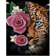 JSFH85884 Леопард у квітках, 40х50 см. Strateg. Набір алмазної мозаїки без підрамника (круглі, повна). Стратег