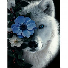 JSFH85892 Білий вовк у квітках, 40х50 см. Strateg. Набір алмазної мозаїки без підрамника (круглі, повна). Стратег