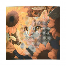 JUB14399 Кіт у соняшниках, 18x18 см. Strateg. Набір алмазної мозаїки без підрамника на паперовій основі (круглі, повна). Стратег