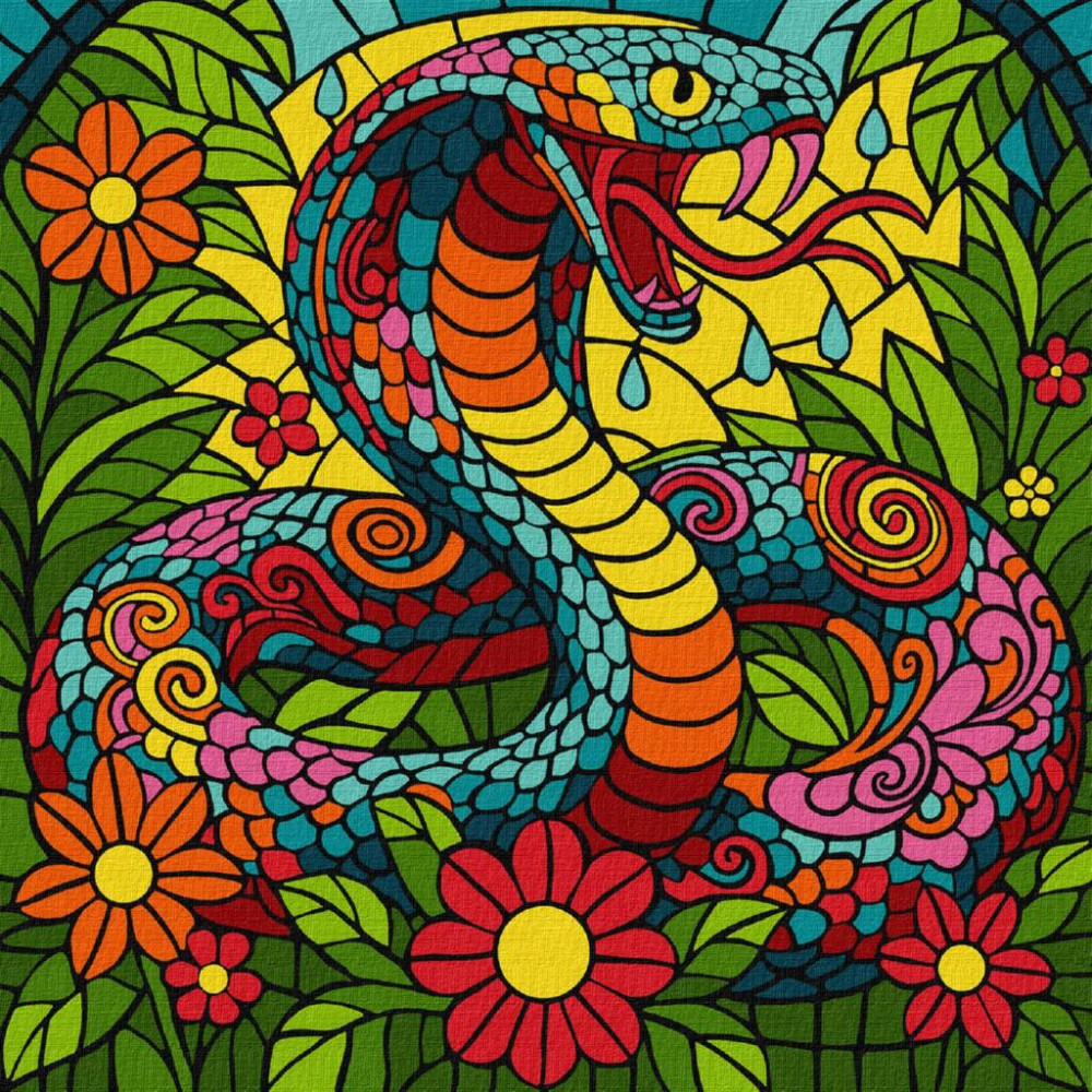 KHO5170 Ideyka Картина за номерами - Вітраж. Тропічна кобра 30х30 см (на підрамнику, Ідейка КНО-5170) ©art_selena_ua KHO5170 Ideyka Картина за номерами - Вітраж. Тропічна кобра 30х30 см (на підрамнику, Ідейка КНО-5170) ©art_selena_ua