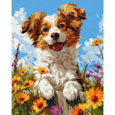 KHO6624 Собака у квітах ©art_selena_ua. Ideyka. Картина за номерами (Ідейка КНО-6624)