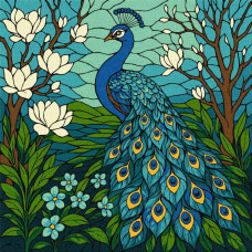 KHO6810 Ideyka Картина за номерами - Вітраж. Павич в магнолії 30х30 см (на підрамнику, Ідейка КНО-6810) ©art_selena_ua KHO6810 Ideyka Картина за номерами - Вітраж. Павич в магнолії 30х30 см (на підрамнику, Ідейка КНО-6810) ©art_selena_ua