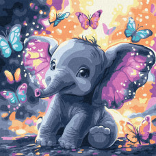 KHO6894 Ideyka Картина за номерами - Безтурботний слоник з фарбами металiк 30х30 см (на підрамнику, Ідейка KHO6894)