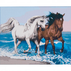 VA-2531 Двоє коней на березі моря, на кольоровому фоні 40х50 см. Strateg. Картина за номерами (Стратег)