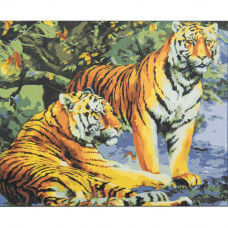 VA-2542 Пара тигрів, на кольоровому фоні 40х50 см. Strateg. Картина за номерами (Стратег)