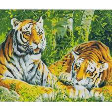 VA-2552 Два тигра, на кольоровому фоні 40х50 см. Strateg. Картина за номерами (Стратег)