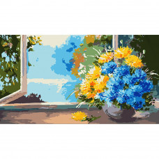 WW181 Букет квітів на вікні, 50х25 см. Strateg. Картина за номерами (Стратег)