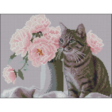 ZAV3040-59 Strateg Алмазна мозаїка - Кіт з квітами, 30x40 см (круглі, на підрамнику, Стратег)